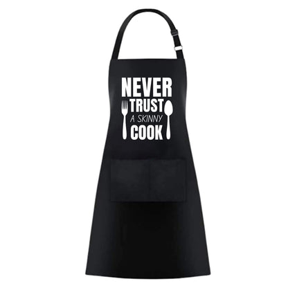 NEVER TRUST A SKINNY COOK Funny Aprons for women - 2 Pockets BBQ Apron Coffee house Cooking Kitchen Chef Bar Hotel Gift For Husband Wife, Dad Mom boyfriend Girlfriend Black - Top Tee