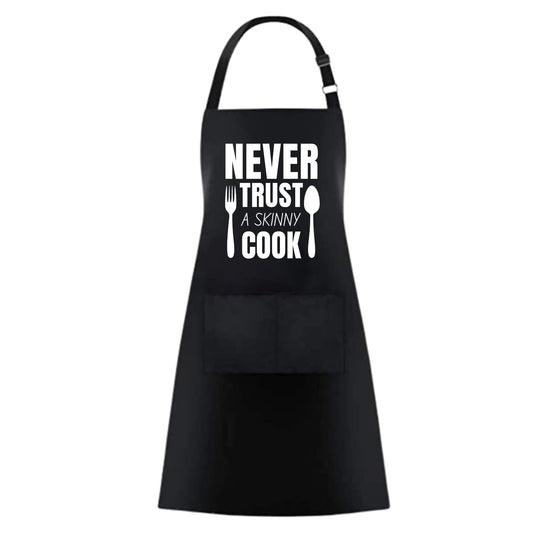 NEVER TRUST A SKINNY COOK Funny Aprons for women - 2 Pockets BBQ Apron Coffee house Cooking Kitchen Chef Bar Hotel Gift For Husband Wife, Dad Mom boyfriend Girlfriend Black - Top Tee