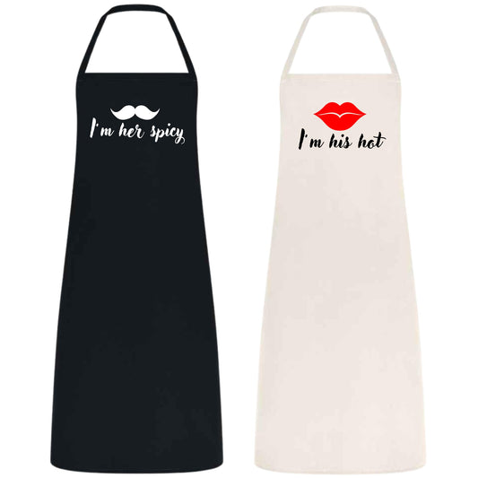Couple Apron Set Funny Cooking Aprons for Couples Wedding Gift for Newlyweds Cotton Material Black and Natural Matching Kitchen Aprons I'm Her Spicy, His Hot Apron Set