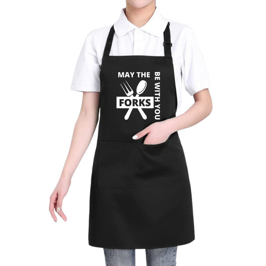 MAY THE FORKS BE WITH YOU Funny Apron Bib Apron 2 Pockets BBQ Apron Coffee house Cooking Kitchen Chef Bar Hotel Women Great Gift For Husband Wife Dad Mom boyfriend Girlfriend - Top Tee