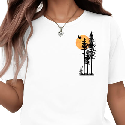 Be Buz Unisex Cotton T-Shirt, Minimalist Nature Graphic, Pine Trees and Sunset Design, Mountain Hiking Theme, Crew Neck