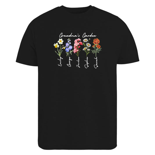 Be Buz Grandma’s Garden Shirt Personalized Birth Month Flower T-Shirt with Grandkids’ Names Custom Gift for Grandma, Mother's Day, Nana, Gigi, Mimi - Top Tee