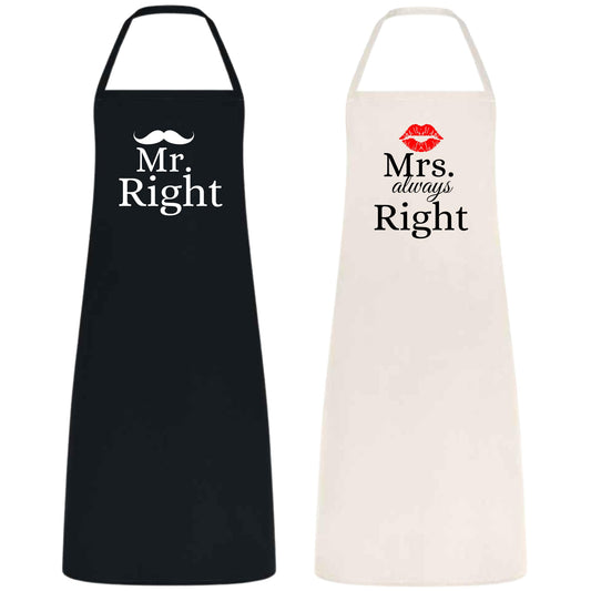 Mr. Right Mrs. Always Right Sets His and Hers Aprons for Couples Wedding Bridal Shower Gift for Newlyweds Cotton Material Black and Natural Matching Kitchen Aprons