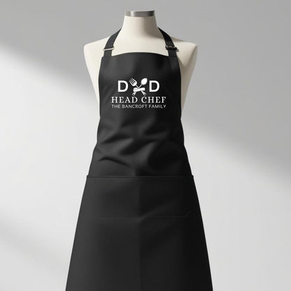 Dad Head Chef Apron Personalised Dad Apron with Family Name Gift for Him Aprons for Mens Dad Apron Chef Kitchen Apron BBQ Grill Cooking Apron Father Day Gift Black Apron with two pockets