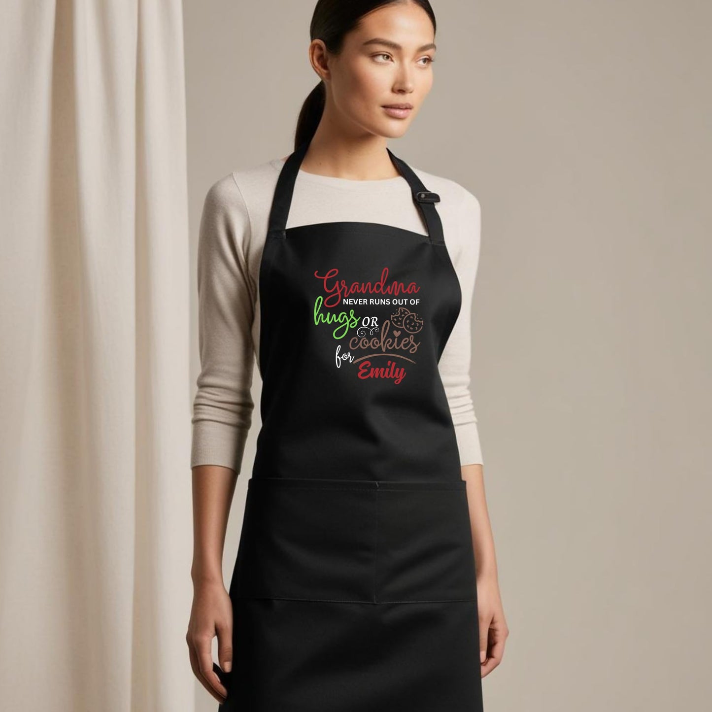 Grandma Never Runs Out of Hugs or Cookies Custom Apron Baking Apron for Grandma Apron with Adjustable Straps Gift for Her Aprons for Women Kitchen Apron Mother Day Gift Black Apron