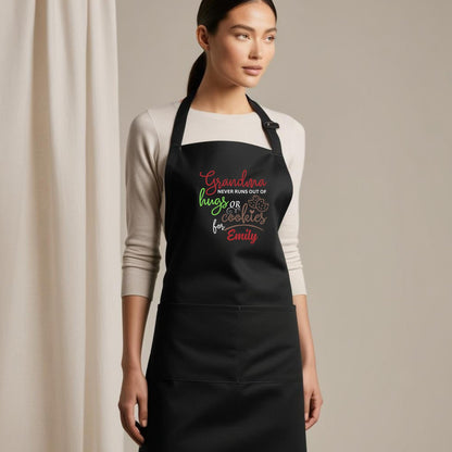 Grandma Never Runs Out of Hugs or Cookies Custom Apron Baking Apron for Grandma Apron with Adjustable Straps Gift for Her Aprons for Women Kitchen Apron Mother Day Gift Black Apron