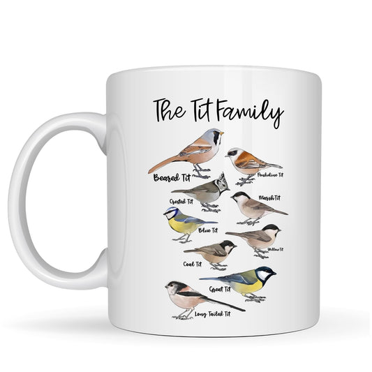 Be Buz The Tit Family Mug – Bird Species Illustration Coffee Mug for Nature Lovers – 11oz White Ceramic Birdwatching Tea Cup