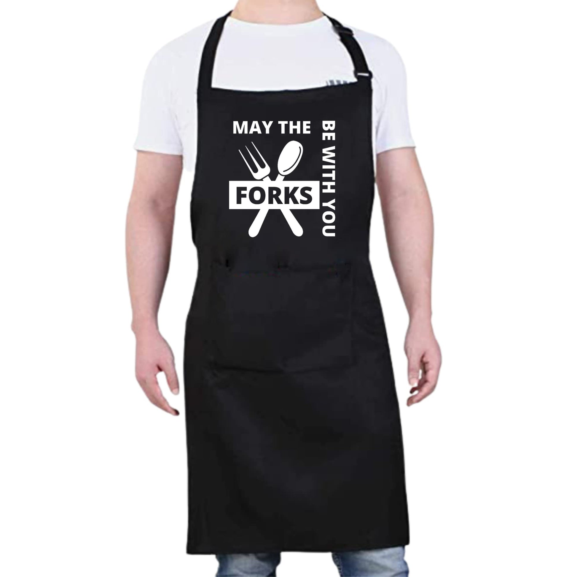 MAY THE FORKS BE WITH YOU Funny Apron Bib Apron 2 Pockets BBQ Apron Coffee house Cooking Kitchen Chef Bar Hotel Women Great Gift For Husband Wife Dad Mom boyfriend Girlfriend - Top Tee