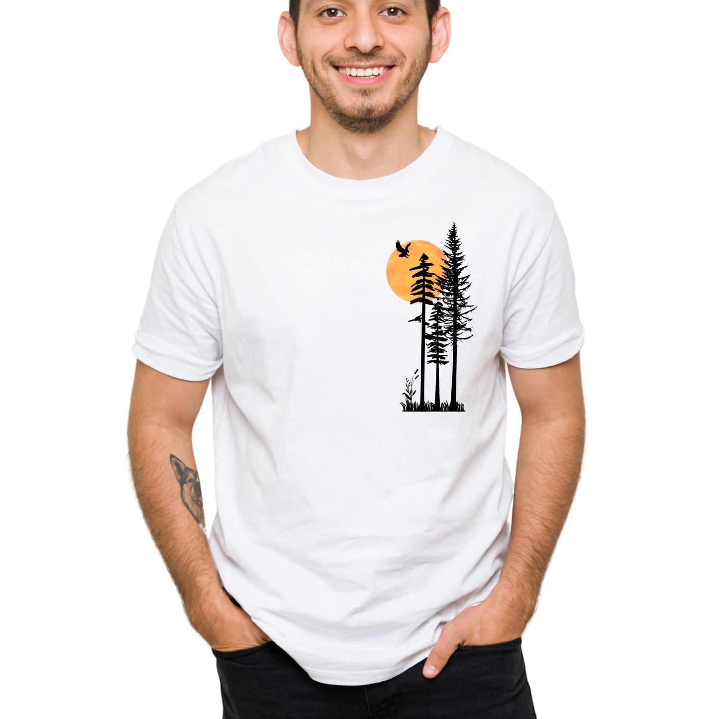 Be Buz Unisex Cotton T-Shirt, Minimalist Nature Graphic, Pine Trees and Sunset Design, Mountain Hiking Theme, Crew Neck