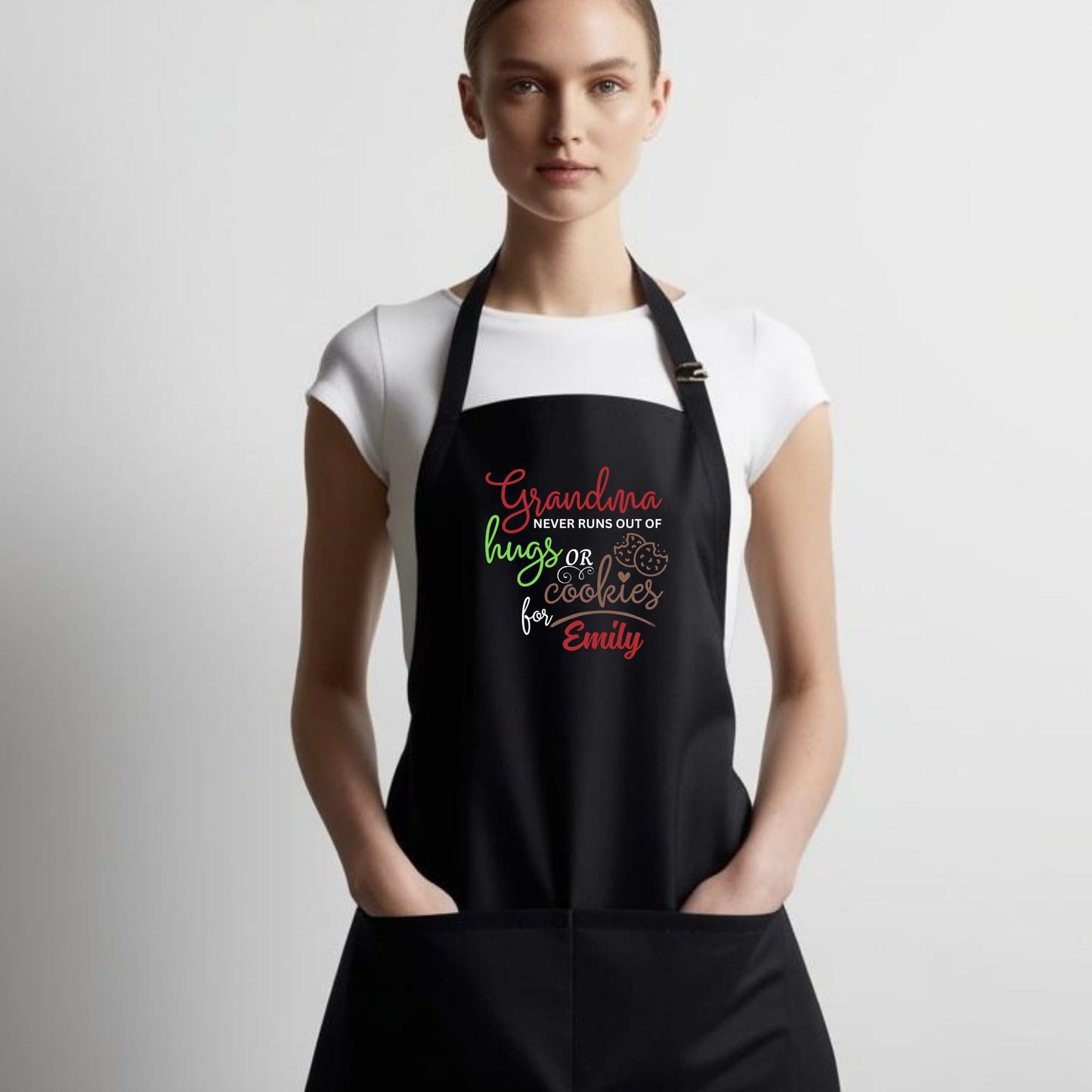 Grandma Never Runs Out of Hugs or Cookies Custom Apron Baking Apron for Grandma Apron with Adjustable Straps Gift for Her Aprons for Women Kitchen Apron Mother Day Gift Black Apron