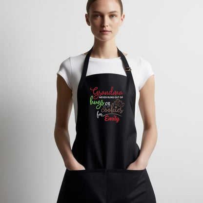 Grandma Never Runs Out of Hugs or Cookies Custom Apron Baking Apron for Grandma Apron with Adjustable Straps Gift for Her Aprons for Women Kitchen Apron Mother Day Gift Black Apron