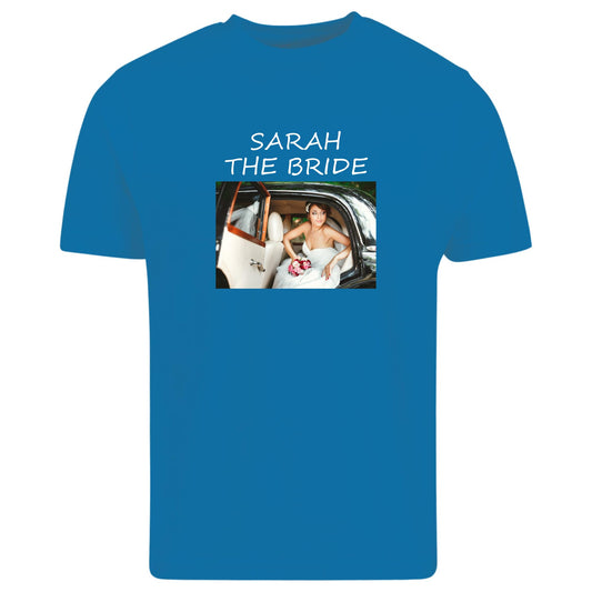 Be Buz Personalized T-Shirt, Custom Text and Image, Add Your Own Photo or Text, Unisex Cotton Crew Neck, Short Sleeve, Man Women Regular Fit Sapphire Blue