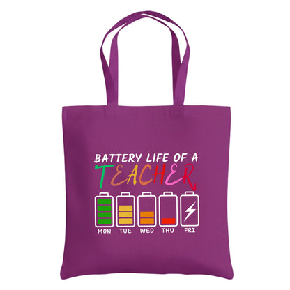 Be Buz Battery Life of a Teacher Funny Tote Bag – Cotton Reusable Bag – Graphic Tote – Back to School and Teacher Appreciation Gift for Women