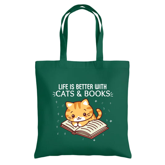 Be Buz Life Is Better With Cats and Books Tote Bag – Cat Graphic Cotton Reusable Shopping Bag – Book Lover and Cat Mom Gift – Everyday Eco-Friendly Tote for Women
