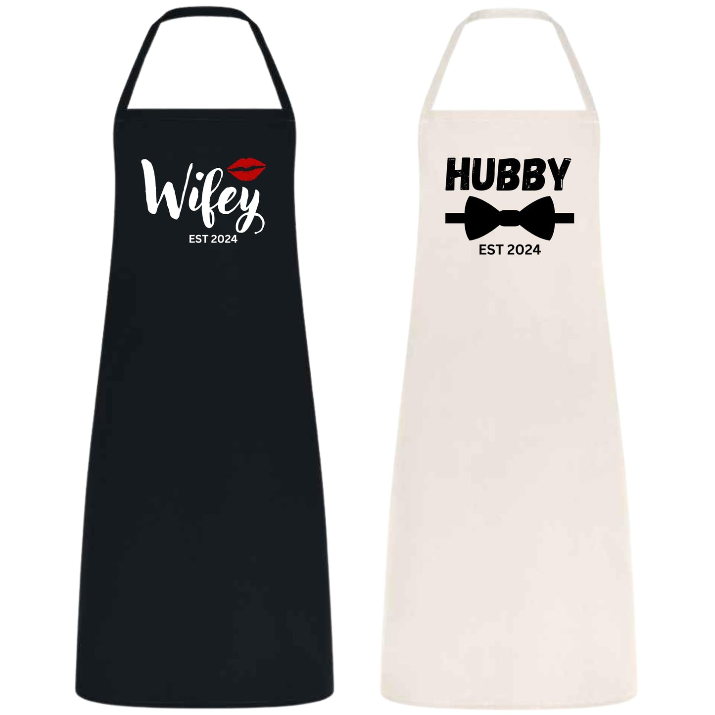 Hubby Wifey Apron Set His and Her Aprons for Couples Bridal Shower Gift Wedding Gift for Newlyweds Cotton Material Black and Natural Matching Kitchen Aprons