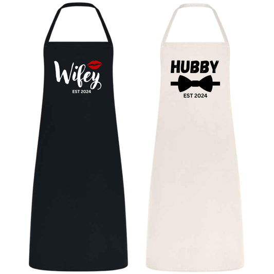 Hubby Wifey Apron Set His and Her Aprons for Couples Bridal Shower Gift Wedding Gift for Newlyweds Cotton Material Black and Natural Matching Kitchen Aprons