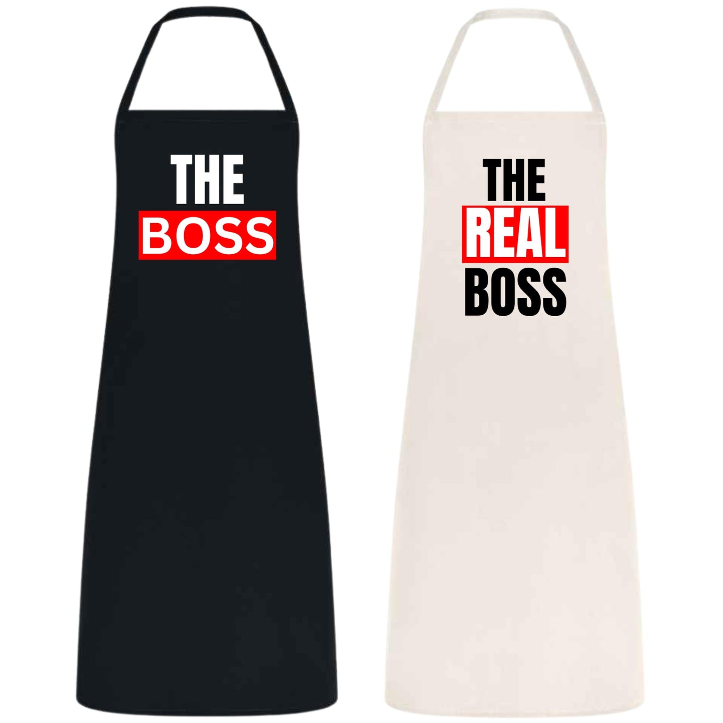 The Boss and The Real Boss Couple Apron Set Cooking Aprons for Couples Wedding Gift for Newlyweds Bridal Shower Gift Cotton Material Black and Natural Matching Kitchen Aprons