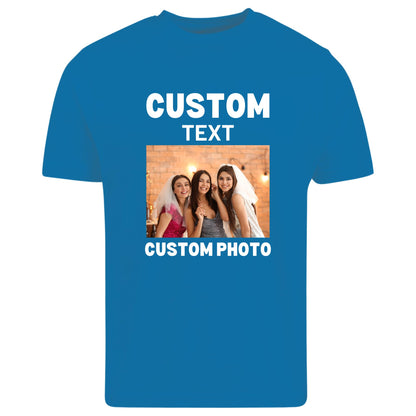 Be Buz Personalized T-Shirt, Custom Text and Image, Add Your Own Photo or Text, Unisex Cotton Crew Neck, Short Sleeve, Man Women Regular Fit Sapphire Blue - Top Tee