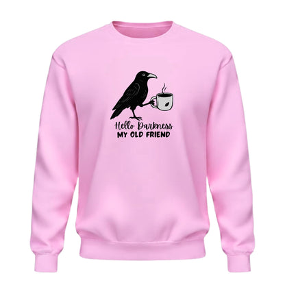 Be Buz Hello Darkness My Old Friend Coffee Sweatshirt – Funny Raven Crow Halloween Crewneck Pullover – Coffee Lover Unisex Sweatshirt – Spooky Season - Top Tee