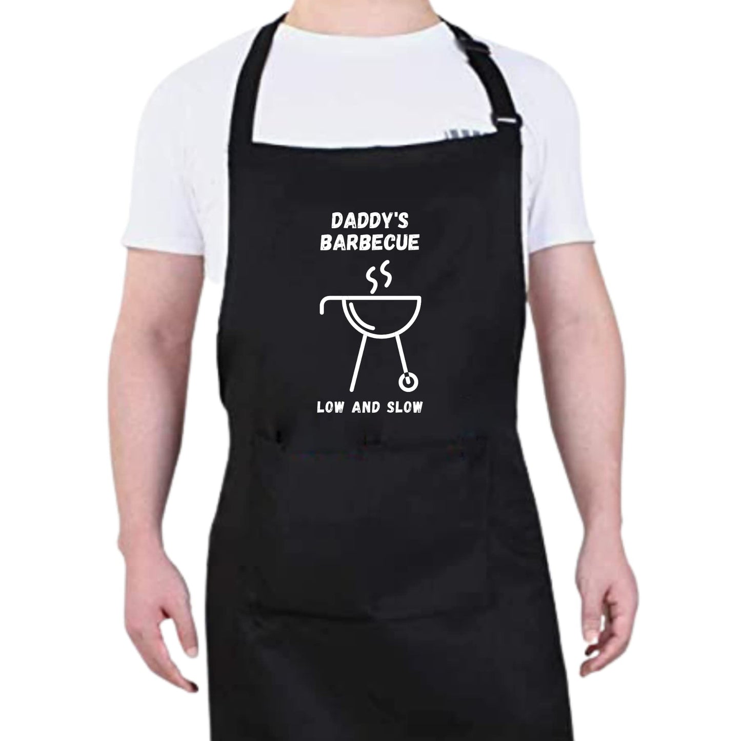 DADDY'S BARBECUE LOW AND SLOW Funny Apron Bib Apron - 2 Pockets BBQ Apron Coffee house Cooking Kitchen Chef Bar Hotel Women Great Gift For Husband Wife, Dad Mom boyfriend Girlfriend