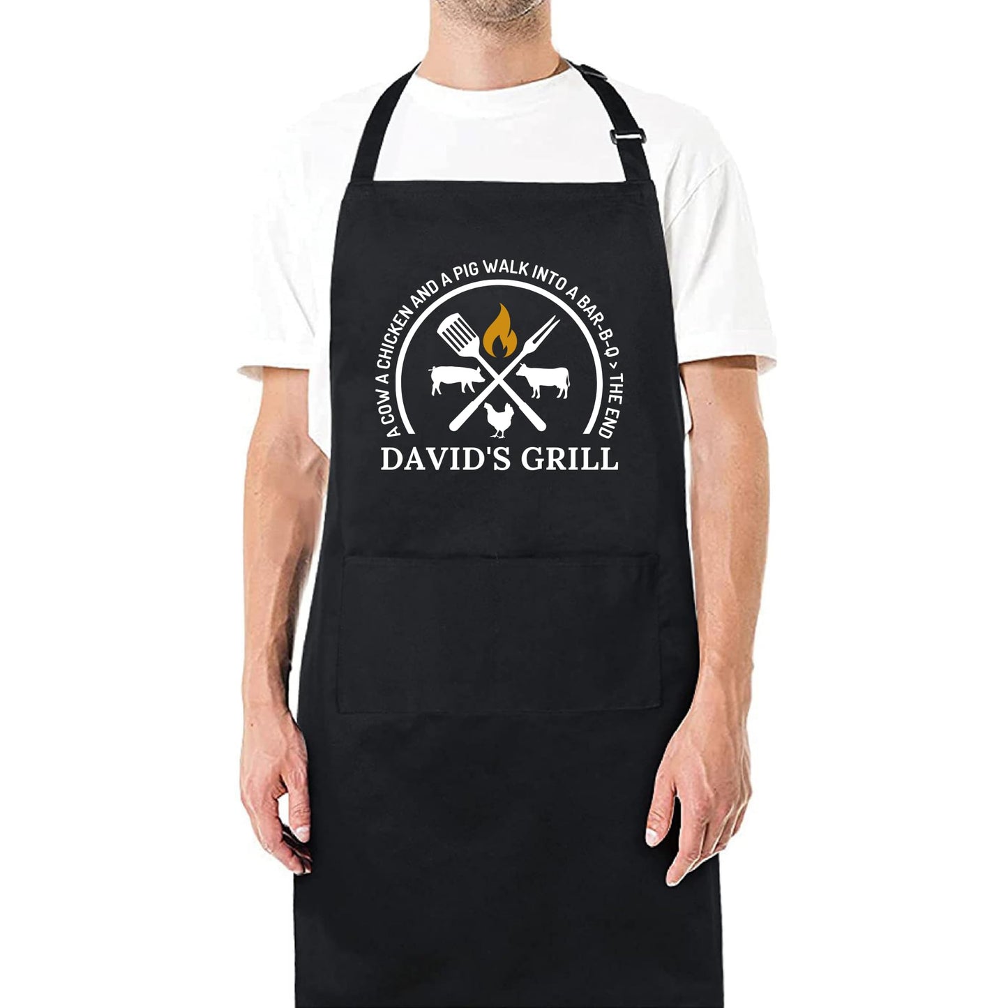 Custom Grill Apron - BBQ Aprons for Men, Gift for Him, Dad Apron for Grilling Personalized with Fun Designs (Hen, Cow, Pig) Birthday gift Apron with Adjustable Straps and Two Pockets
