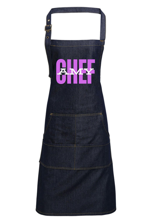 Personalized Denim Cooking Apron, Adjustable Neck Strap, 4 Pockets, add your photo or logo