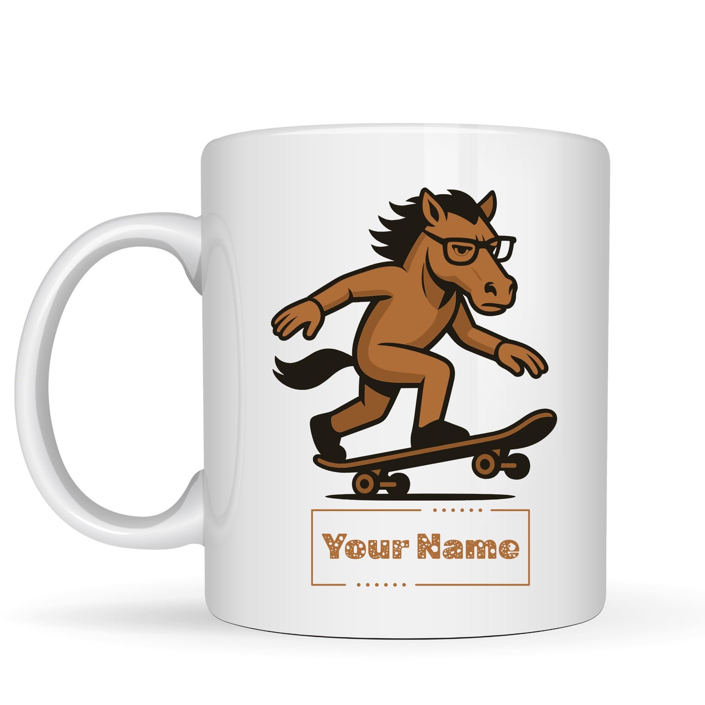 Personalized Funny Skateboarding Horse Mug – Custom Name Ceramic Coffee Cup – Unique Gift for Animal Lovers, Horse and Skaters – 11oz