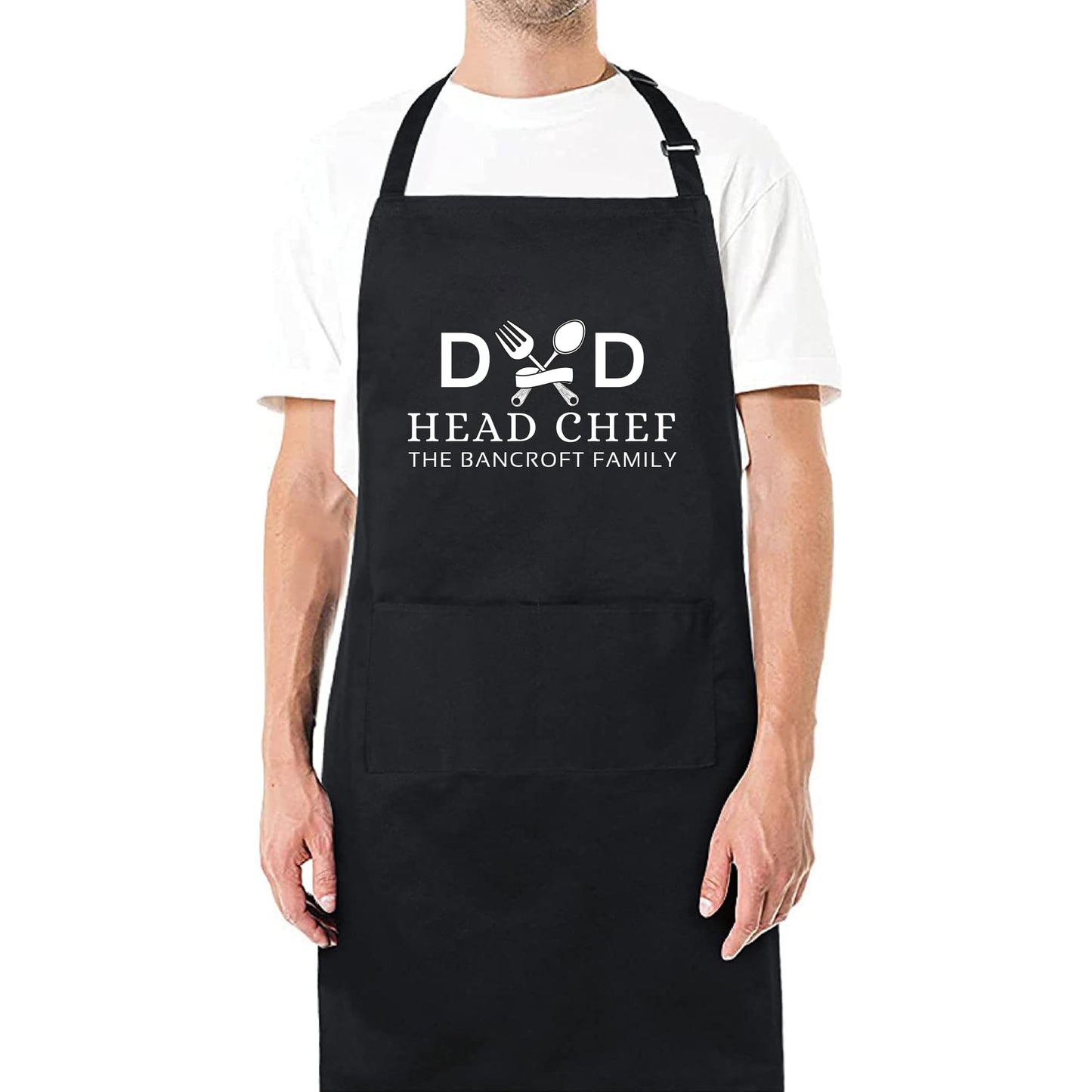 Dad Head Chef Apron Personalised Dad Apron with Family Name Gift for Him Aprons for Mens Dad Apron Chef Kitchen Apron BBQ Grill Cooking Apron Father Day Gift Black Apron with two pockets