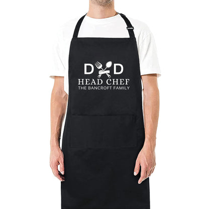 Dad Head Chef Apron Personalised Dad Apron with Family Name Gift for Him Aprons for Mens Dad Apron Chef Kitchen Apron BBQ Grill Cooking Apron Father Day Gift Black Apron with two pockets