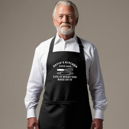 Custom Kitchen Apron “Life is What You Bake of It” Personalized Baking Apron for Bakers Apron with Adjustable Straps and Two Pockets Gift for Him Her Aprons for Women Black Apron