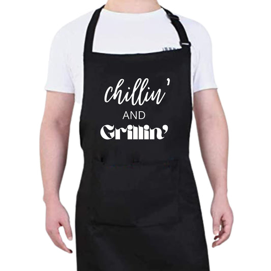 CHILLIN' N GRILLIN' Funny Apron Bib Apron - 2 Pockets BBQ Apron Coffee house Cooking Kitchen Chef Bar Hotel Women Great Gift For Husband Wife, Dad Mom boyfriend Girlfriend - Top Tee
