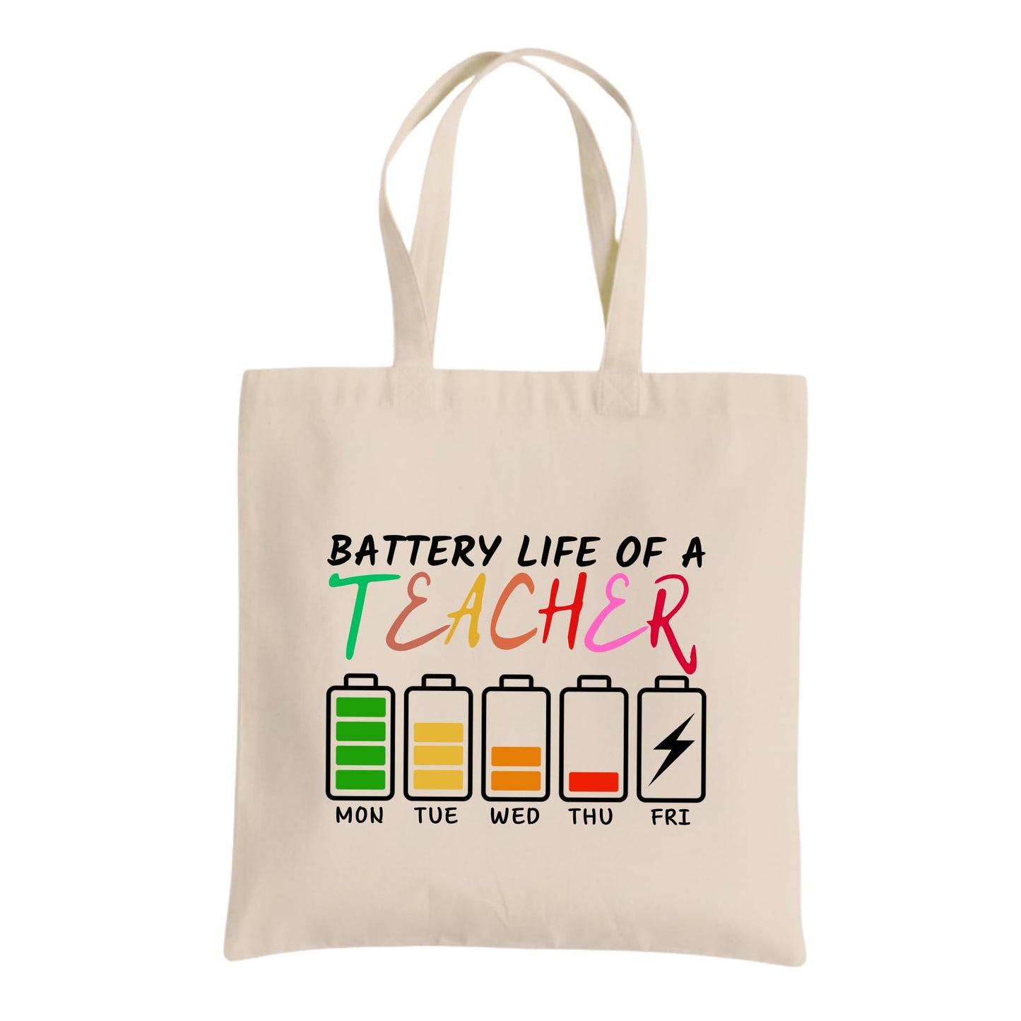 Be Buz Battery Life of a Teacher Funny Tote Bag – Cotton Reusable Bag – Graphic Tote – Back to School and Teacher Appreciation Gift for Women