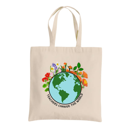 Be Buz Teacher Changes the World Tote Bag – Cotton Reusable Bag for Teachers – Inspirational Teacher Gift – Back to School Appreciation Tote for Women