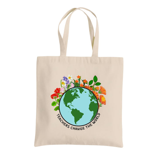 Teacher Changes the World Tote Bag – Cotton Reusable Bag for Teachers – Inspirational Teacher Gift – Back to School Appreciation Tote for Women