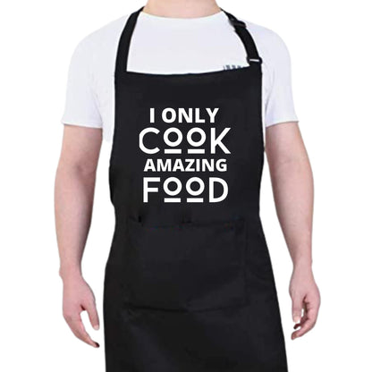 Be Buz I ONLY COOK AMAZING FOOD Funny Apron Bib Apron - 2 Pockets BBQ Apron Coffee house Cooking Kitchen Chef Bar Hotel Women Great Gift For Husband Wife, Dad Mom boyfriend Girlfriend