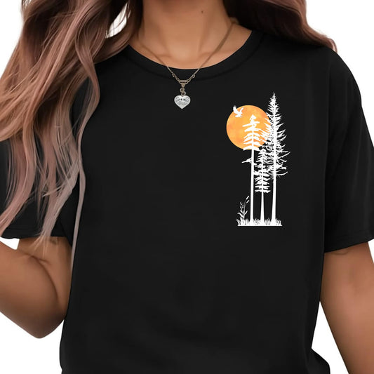 Be Buz Unisex Cotton T-Shirt, Minimalist Nature Graphic, Pine Trees and Sunset Design, Mountain Hiking Theme, Crew Neck