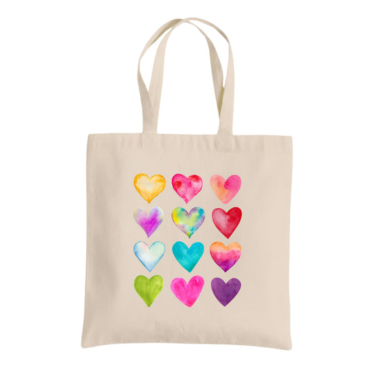Rainbow Hearts Tote Bag – Cotton Reusable Bag for Women and Teens – Colorful Everyday Shopping Bag and Gift Idea