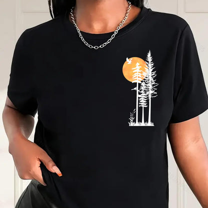 Be Buz Unisex Cotton T-Shirt, Minimalist Nature Graphic, Pine Trees and Sunset Design, Mountain Hiking Theme, Crew Neck