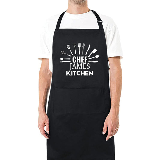 Custom Name Kitchen Apron Personalized Apron for Chefs and Bakers Adjustable Bib Apron for Women and Men with 2 Pockets Gifts for Mom Nana Wife Best Friends gift for him cutlery printed apron - Top Tee