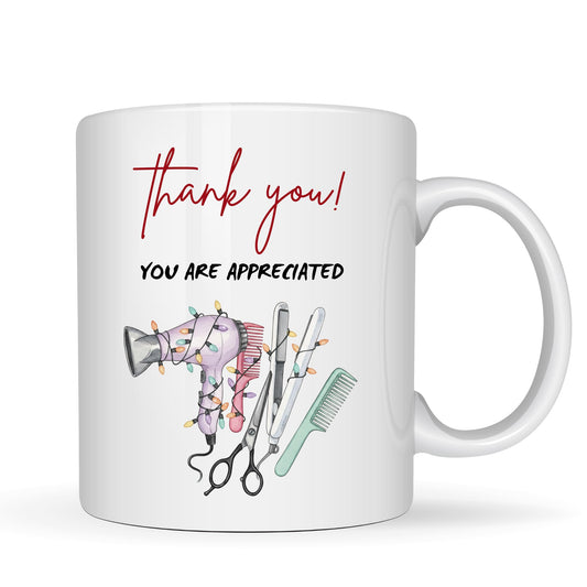 Be Buz Thank You Hair Stylist Mug – You are Appreciated Coffee Cup for Salon, Barber, Beautician – 11oz White Ceramic Gift