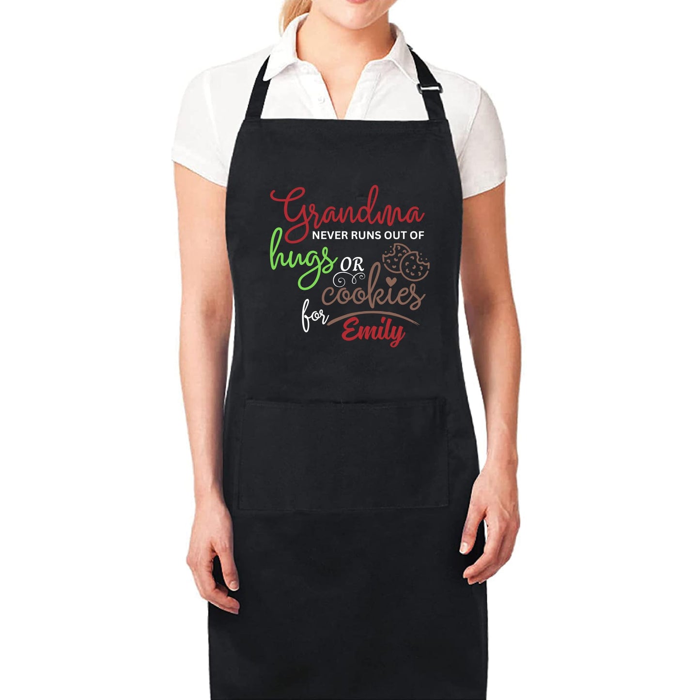 Grandma Never Runs Out of Hugs or Cookies Custom Apron Baking Apron for Grandma Apron with Adjustable Straps Gift for Her Aprons for Women Kitchen Apron Mother Day Gift Black Apron
