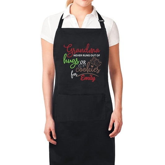 Grandma Never Runs Out of Hugs or Cookies Custom Apron Baking Apron for Grandma Apron with Adjustable Straps Gift for Her Aprons for Women Kitchen Apron Mother Day Gift Black Apron
