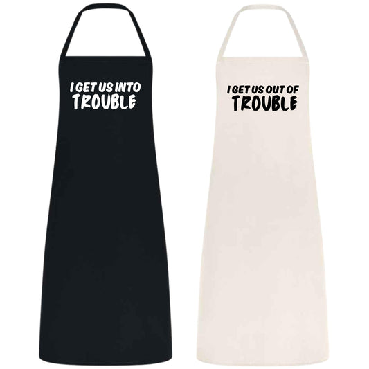 His and Her Aprons for Couples Bridal Shower Gift Wedding Gift for Newlyweds Cotton Material Black and Natural Matching Kitchen Aprons I Get Us Into Trouble, I Get Us Out of Trouble Apron