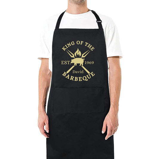 Personalized King of the BBQ Apron - Custom Name Grilling Apron for Cooking, BBQ, and Chef Gift for Him Her Aprons for Mens Dad Apron Chef Apron Father Day Gift Black Apron