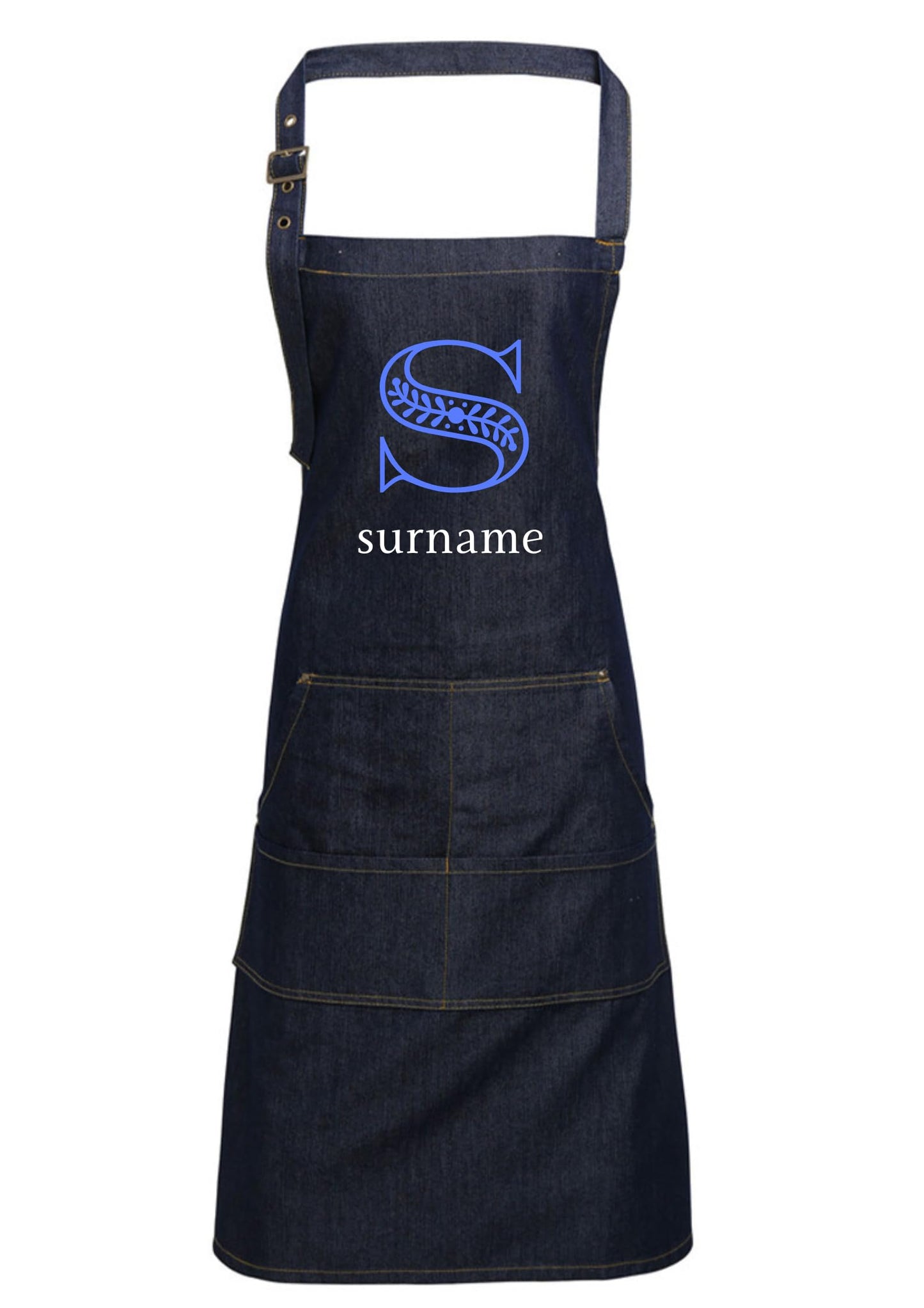 Personalized Denim Cooking Apron, Adjustable Neck Strap, 4 Pockets, add your photo or logo