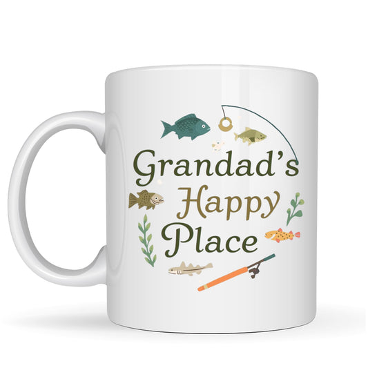 Be Buz Grandad’s Happy Place Coffee Mug – Fishing Theme Fish and Rod Design – 11oz White Ceramic Mug for Grandpa Fisherman Birthday