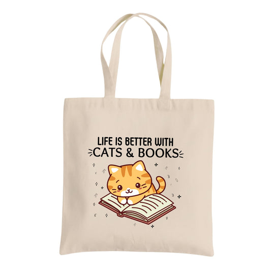 Life Is Better With Cats and Books Tote Bag – Cat Graphic Cotton Reusable Shopping Bag – Book Lover and Cat Mom Gift – Everyday Eco-Friendly Tote for Women