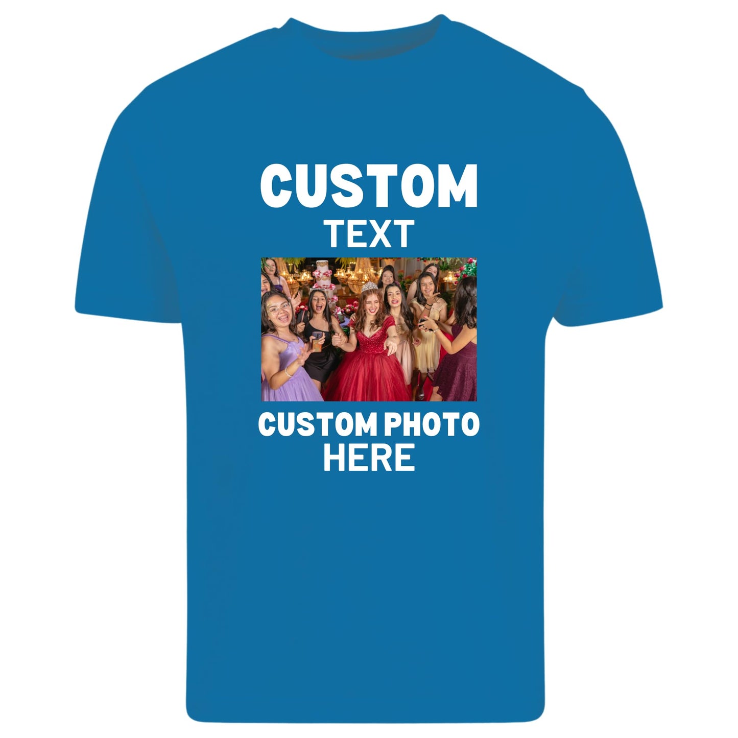 Be Buz Personalized T-Shirt, Custom Text and Image, Add Your Own Photo or Text, Unisex Cotton Crew Neck, Short Sleeve, Man Women Regular Fit Sapphire Blue - Top Tee