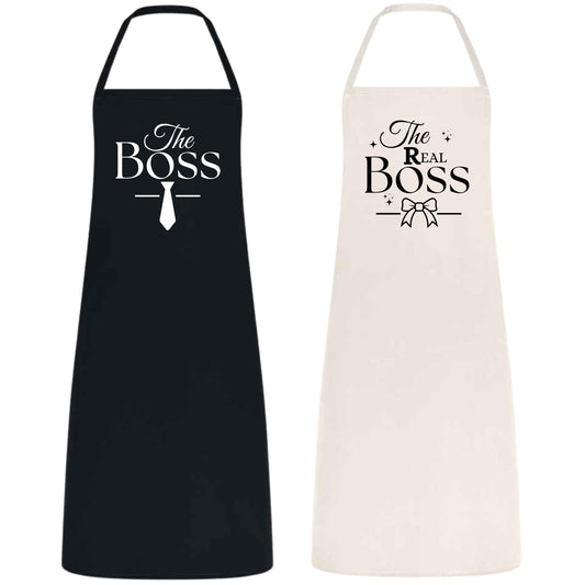 The Boss and The Real Boss Couple Apron Set Cooking Aprons for Couples Wedding Gift for Newlyweds Bridal Shower Gift Cotton Material Black and Natural Matching Kitchen Aprons