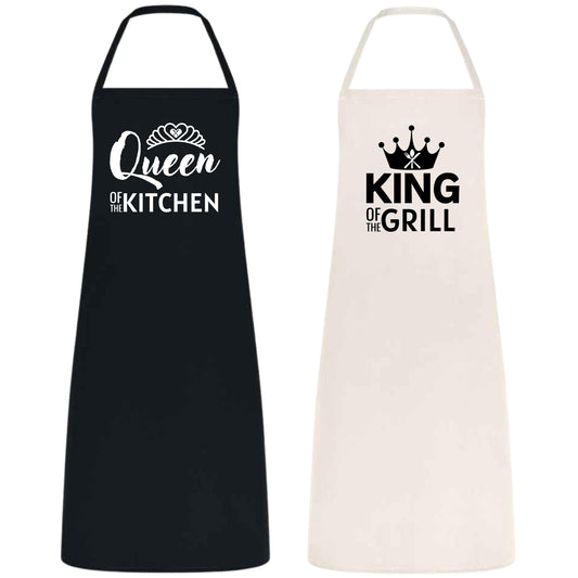Queen of the Kitchen King Apron Set His and Her Aprons for Couples Matching Aprons for Valentine's Day, Weddings, Anniversaries Black and Natural Color Couple Aprons